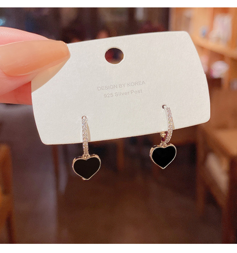 Sterling Silver Needle Black Drop Oil Love Pendant Earrings for Women