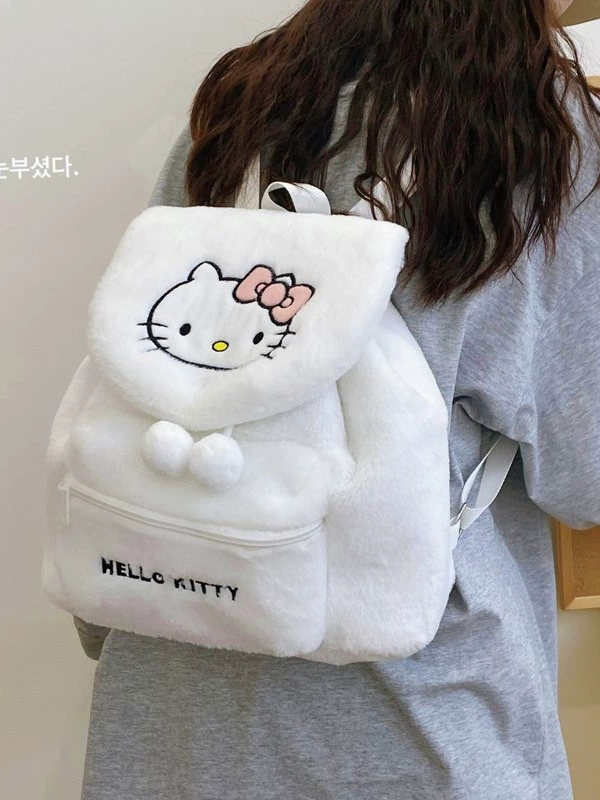 Backpack (Hello Kitty) Plush Drawstring Shoulder Bag, Soft Fluffy and Spacious