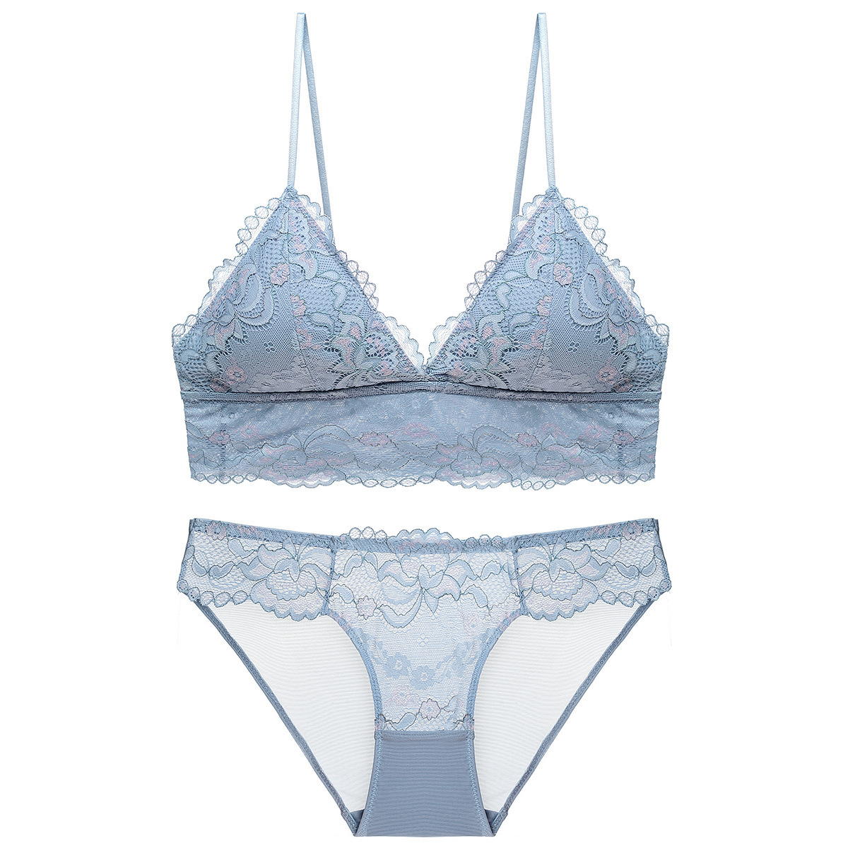 Fashionable Girls with Steel Ring Free Triangle Cup Sexy Lace Thin Women's Underwear Bra Set_voghion.com