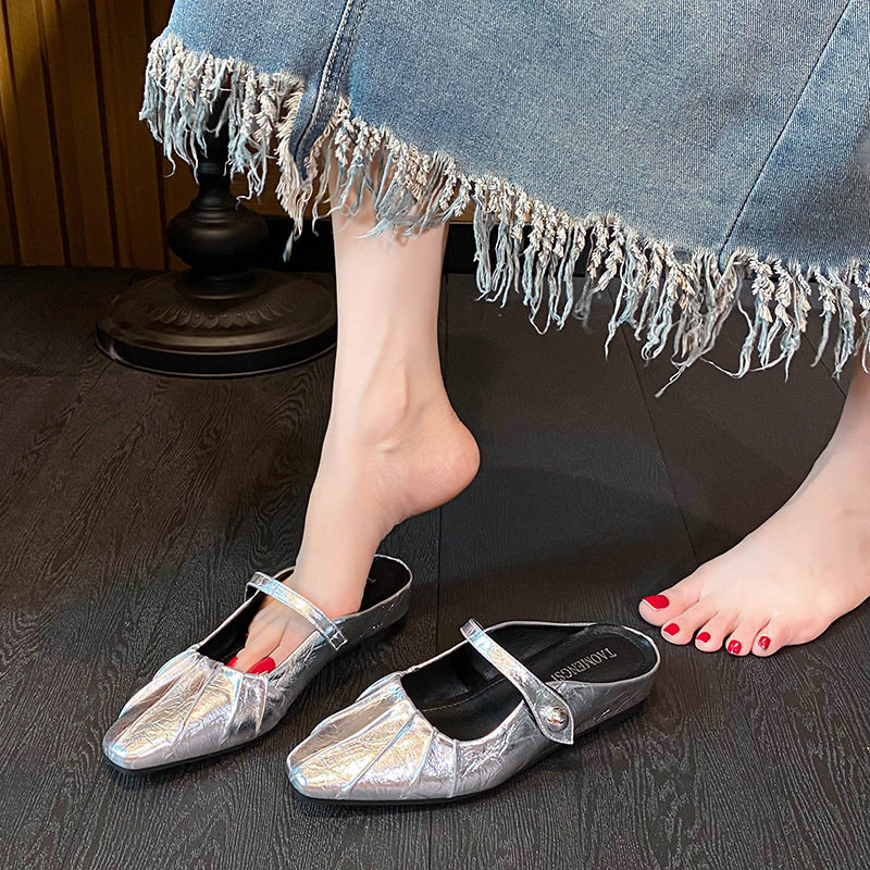 Giày mules Mary Jane nữ mũi vuông quai ngang bít mũi, gót thấp dưới 3 cm — Màu bạc, Màu đen