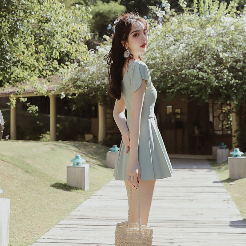 Trajes de baño divididos para mujeres Xiaoxiao fresco in ultra inmortal cubrir el estómago delgado estudiantes conservadores V-collar vestido de cintura tipo traje de baño de spa