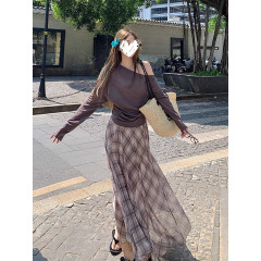 小众复古设计感撞色不规则条纹半身裙长裙女新款高腰a字摆裙穿搭