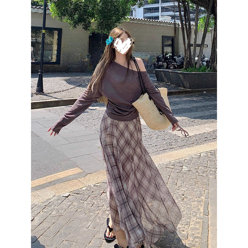 小众复古设计感撞色不规则条纹半身裙长裙女新款高腰a字摆裙穿搭|undefined
