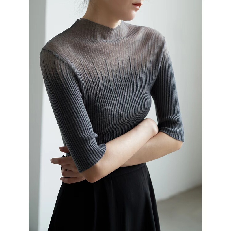 Women's wool half sleeve sweater spring and summer bottoming top slim slimming translucent gradient Women's wool half sleeve sweater spring and summer bottoming top slim slimming translucent gradient