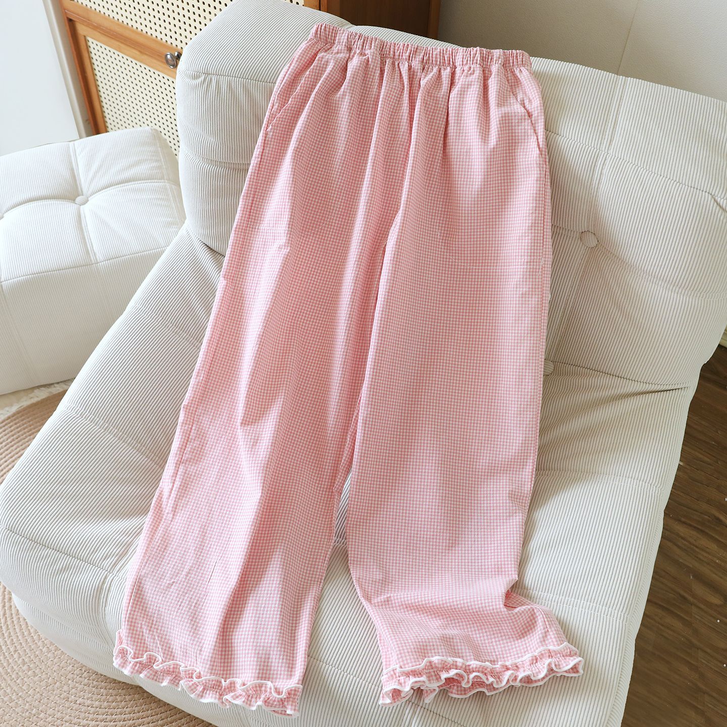 봄과 여름 격자 무늬 잠옷 순수 코튼 워시 코튼 얇은 여성의 느슨한 부드러운 홈 바지 느슨한 대형 바지
