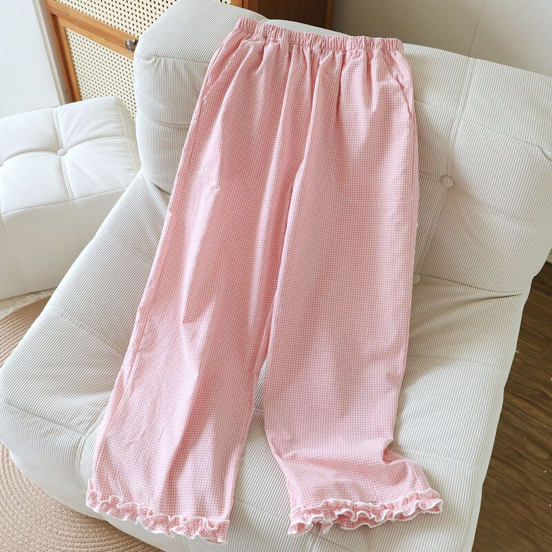 Spring and Summer Plaid Pajamas Pure Cotton Washed Cotton Thin Women's Loose Soft Home Pants Loose Large Size Pants
