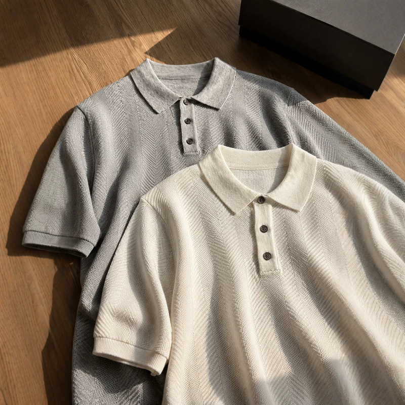 Old Money Style Vertical Stripe Breathable Polo Shirt, Simple Commuter Style, Loose Fit, Slimming Knit Short-Sleeve Top