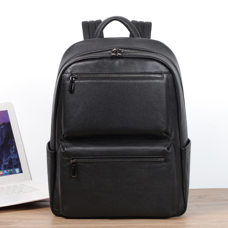 Ba lô da bò lớp đầu cho nam, kiểu dáng tối giản, đa chức năng, ngăn laptop 15 inch — Màu đen