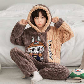 网红新款男童睡衣冬男孩子中大童连帽冬季麦穗珊瑚绒睡衣卡通套装