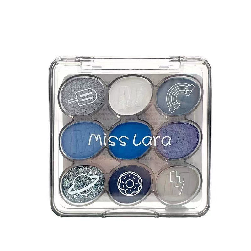 Палетка теней Make-up Miss Lara, девятицветная, жемчужный блеск, яркий кристаллический мерцающий дымчатый эффект, гладкая текстура