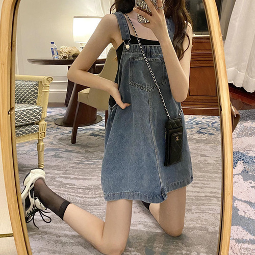 Denim Overalls Dress Women Spring Autumn Cute Japanese Style One-piece Dress Student Korean Version Loose Short Skirt