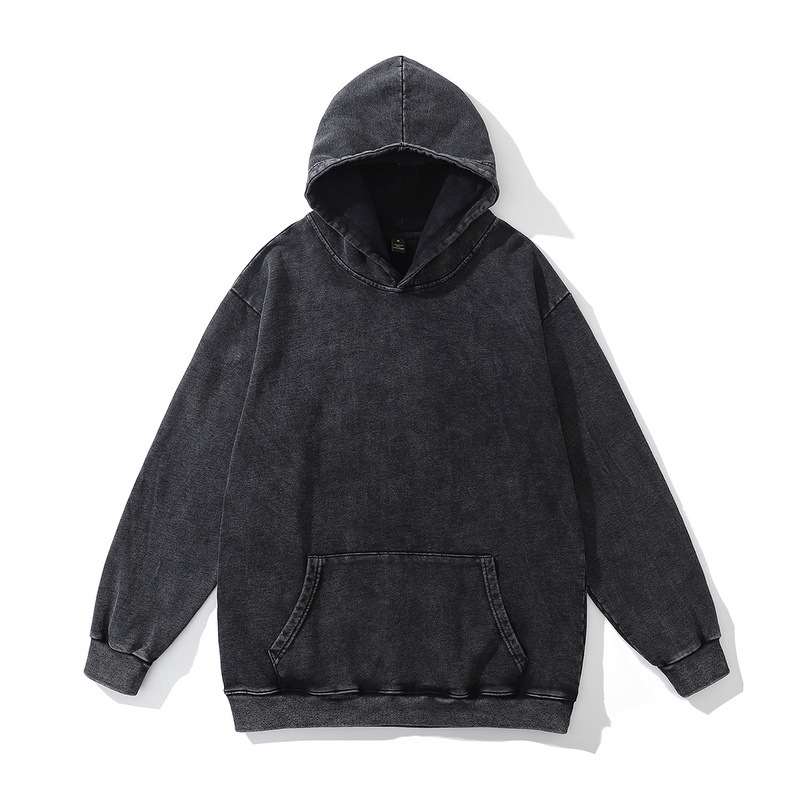 TKPA High Street Washed Vintage Black and Gray Versatile Loose Oversize Ribbed Hooded Sweatshirt Base Sweatshirt