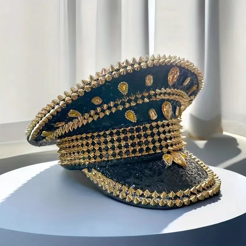 Sombrero azul marino con incrustaciones de diamantes, boina estilo punk, sombrero y2k, sombrero de marinero para mujer con ambiente otoñal e invernal, sombrero dorado para clima frío