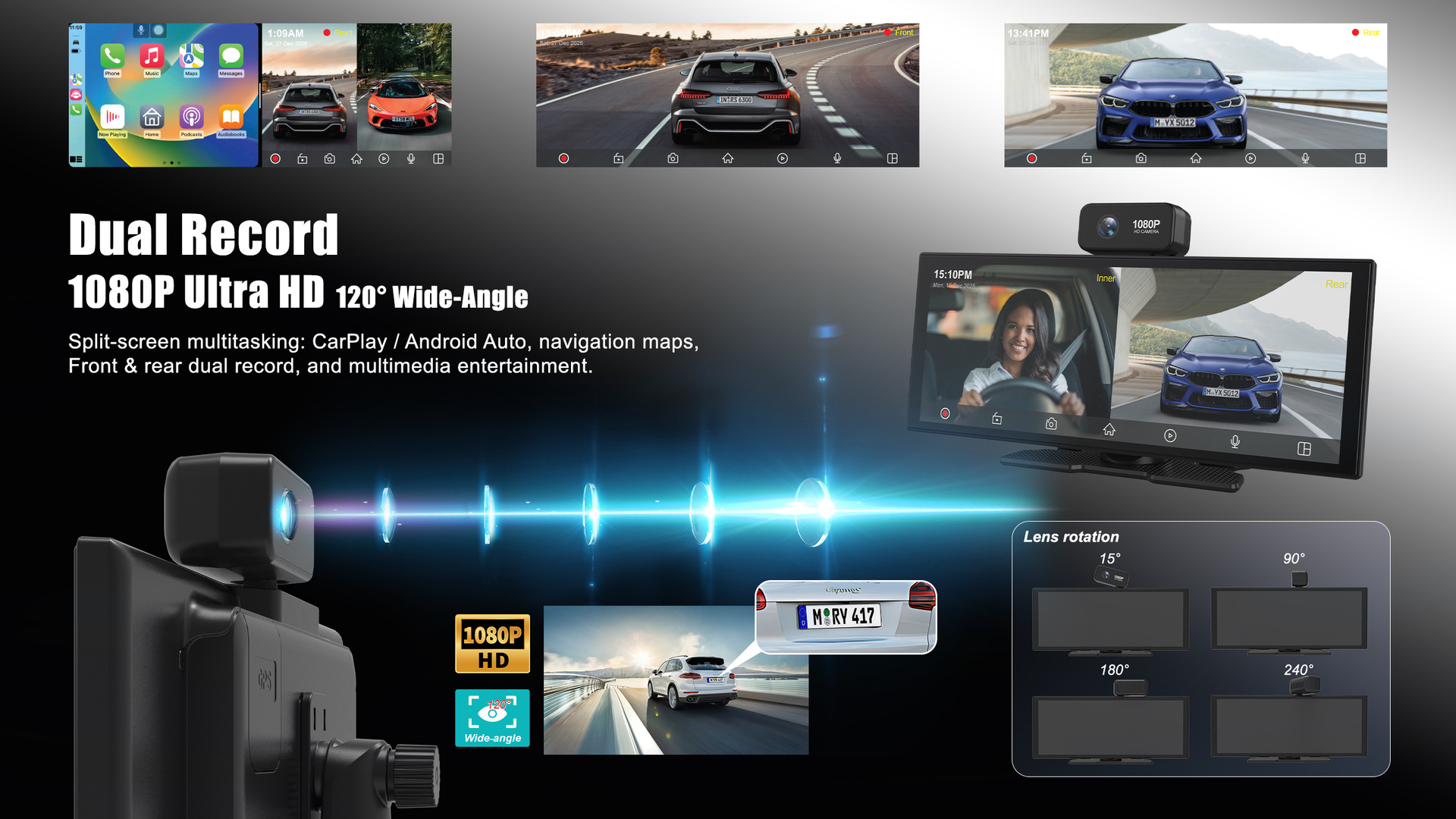 11.4inch Dashcam with Front and Rear Dual Recording, Wireless Carplay, Smart Screen, In-Car Navigation, Large Car Screen