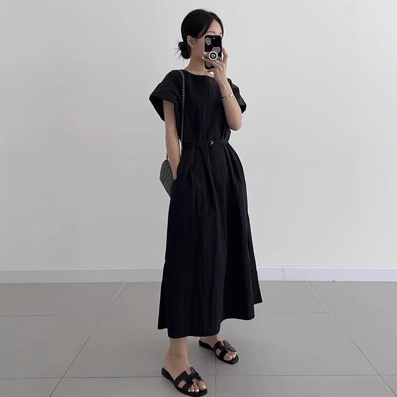 South Korea Chic Summer New Retro Age-reducing Round Tie Slim Long Solid Color Short-sleeved dress Women's Tight Waist South Korea Chic Summer New Retro Age-reducing Round Tie Slim Long Solid Color Short-sleeved dress Women's Tight Waist