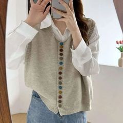 彩色纽扣软糯无袖针织开衫马甲女宽松慵懒风春秋叠穿温柔背心坎肩