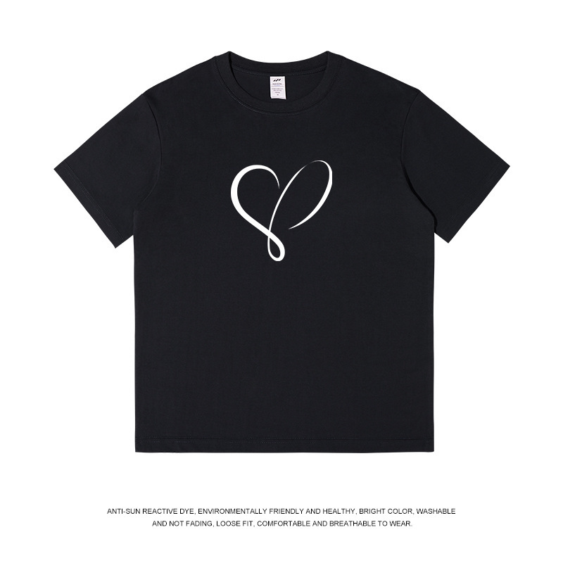 Sanhaiwhale New Hand-Painted Heart Printed T-Shirt Men's Summer Round Neck Slimming Look Breathable Skin-Friendly Short-Sleeved Top