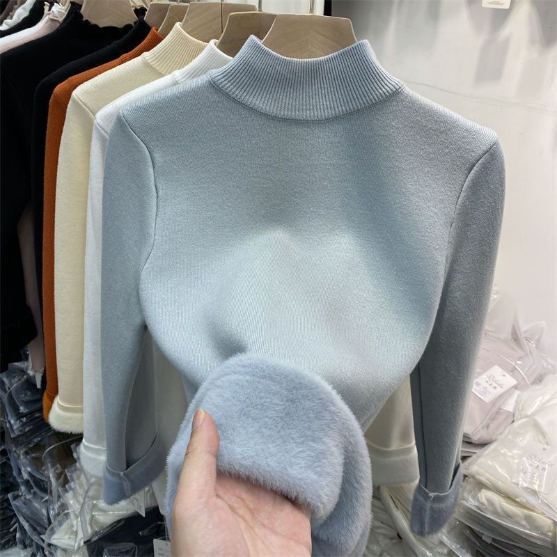 Plush Mink Velvet Half Turtleneck Sweater for Women in Autumn and Winter New Thickeneded Warm Top All-In-One Velvet Bottoming Shirt with Trbottomy Inner Layer Plush Mink Velvet Half Turtleneck Sweater for Women in Autumn and Winter New Thickeneded Warm Top All-In-One Velvet Bottoming Shirt with Trbottomy Inner Layer