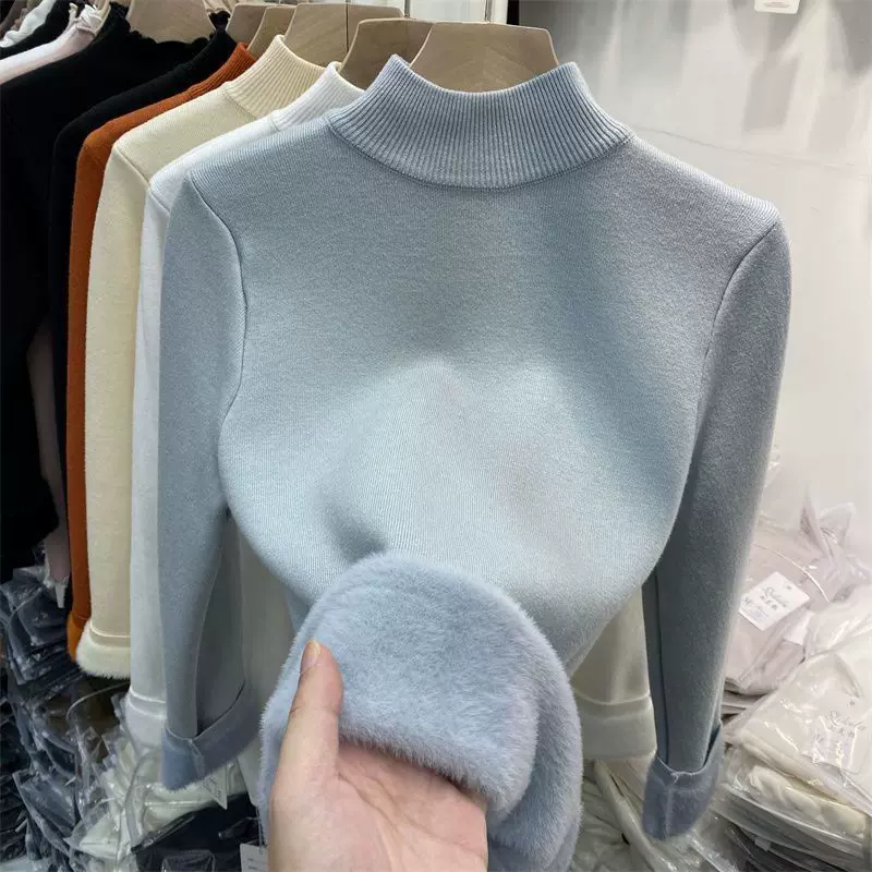 加绒水貂绒半高领毛衣女秋冬新款加厚保暖上衣一体绒打底衫内搭潮