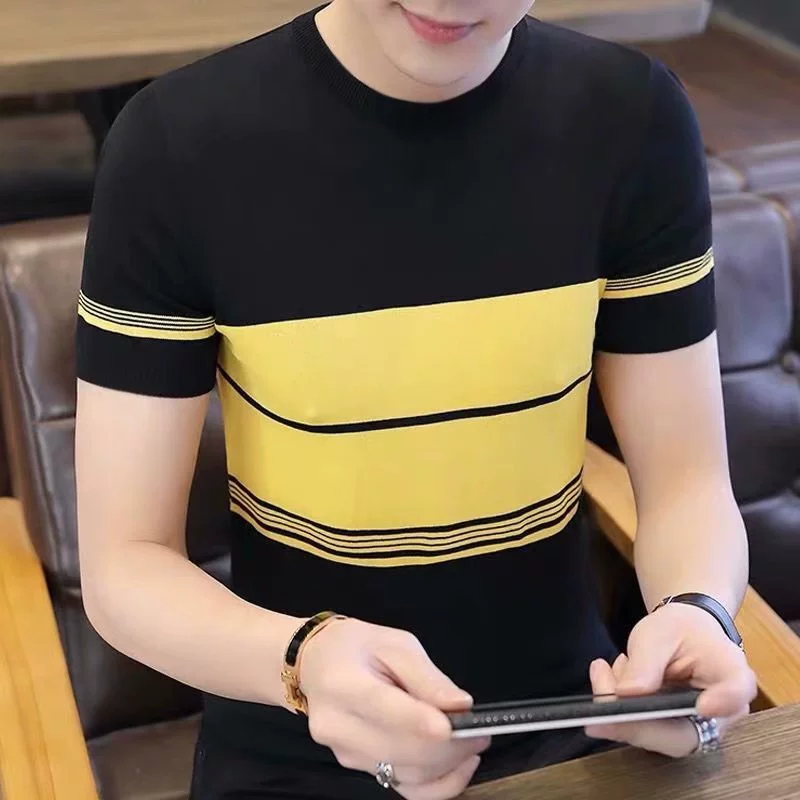 Полосатая футболка с короткими рукавами для мужчин больших размеров 2023 летняя новая приталенная Модная брендовая Повседневная Нижняя рубашка трансграничная Внешняя торговля оптом