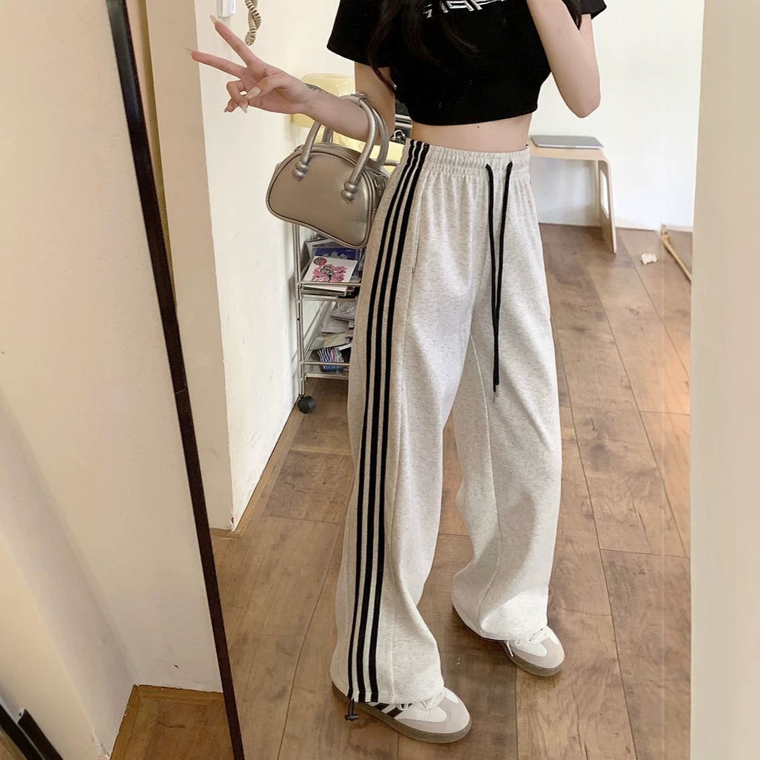 美式运动长裤韩版女装秋季新款高腰休闲直筒阔腿裤小个子条纹卫裤