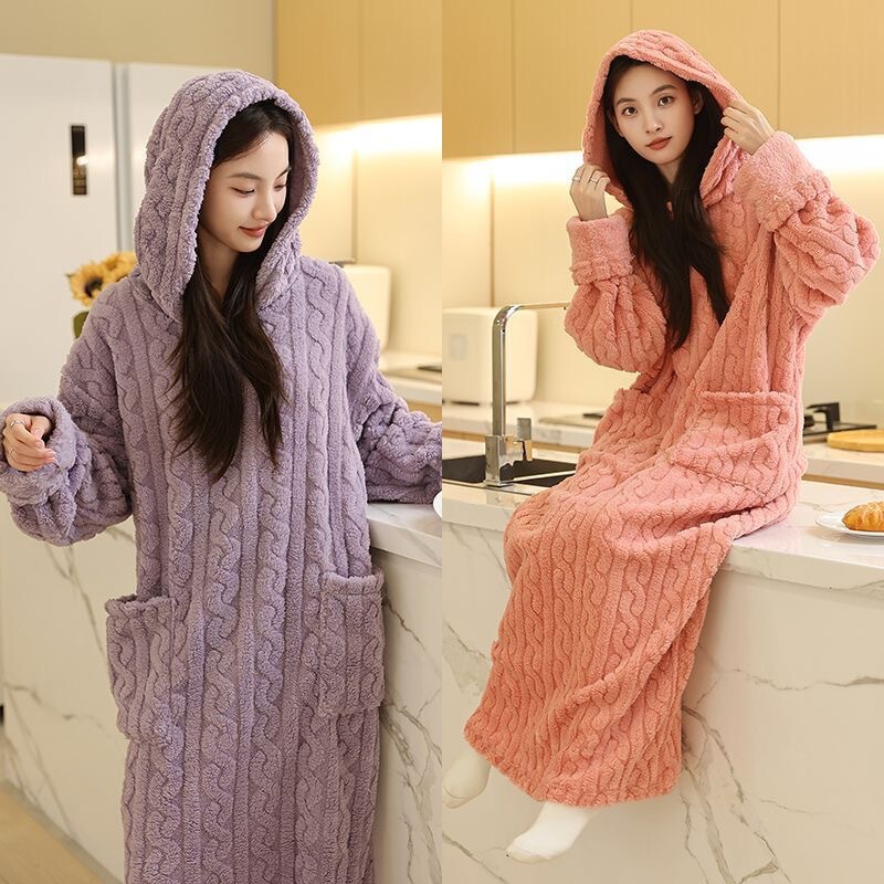 Hooded Autumn and Winter Coral Velvet Pajamas for Women Jacquard Robe Set Warm Nightgown New Home Clothes Can Be Worn Outside