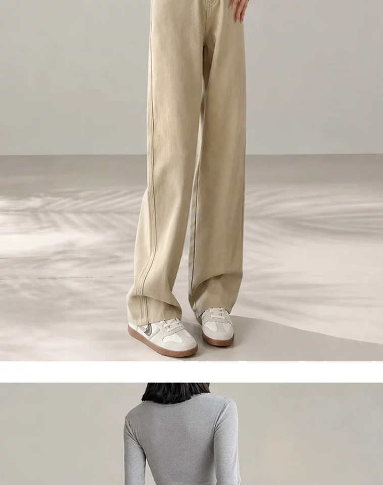 Quần jean nữ ống đứng cạp cao màu kaki dáng suông tôn dáng — Màu kaki [Kiểu dáng thông thường], Màu kaki [dáng dài], Màu kaki [dáng lửng] chi tiết 15