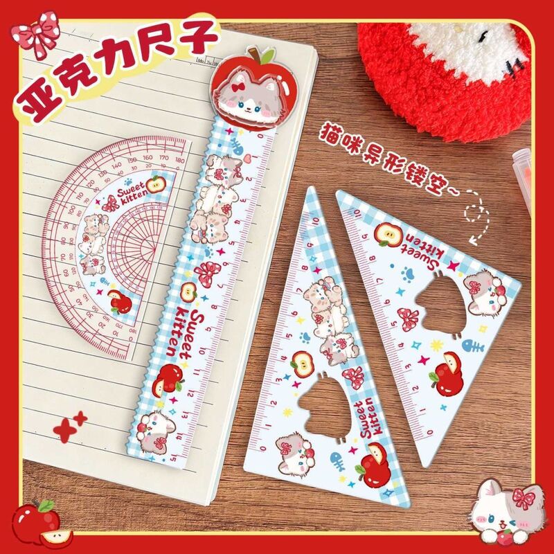 New Hollow-Out Apple and Cat Design Ruler Set for Students, Measuring Stationery Set with Triangle Ruler and Protractor, High Aesthetic Value Rotating Ruler New Hollow-Out Apple and Cat Design Ruler Set for Students, Measuring Stationery Set with Triangle Ruler and Protractor, High Aesthetic Value Rotating Ruler