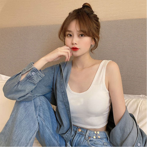 One-piece hairdressing camisole with breast pads for women, Korean style versatile short bottoming sleeveless pure lust style hot girl top for women