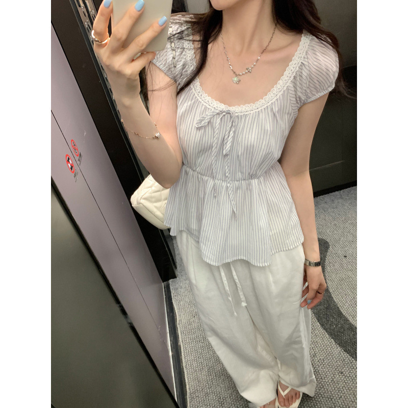 European-Style French Design Lace-Trimmed Tie Unique and Beautiful Short-Sleeve T-Shirt for Women, New Summer Loose Top
