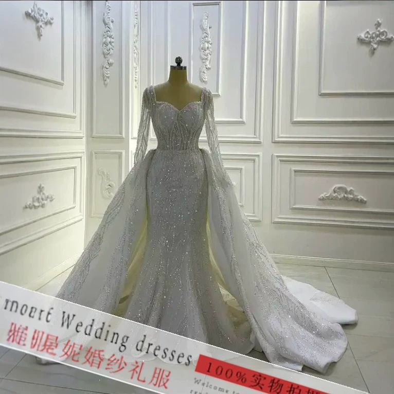 Cross-Border Bridal Wedding Dress with a White, High-End Lace Long-Sleeve Mermaid Design and a Train, Bridal Gown Cross-Border Bridal Wedding Dress with a White, High-End Lace Long-Sleeve Mermaid Design and a Train, Bridal Gown