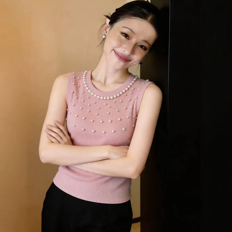 La Chapelle Women's Summer New Style Camisole with Beaded Chanel-Style Knit Top for Layering with a Blazer