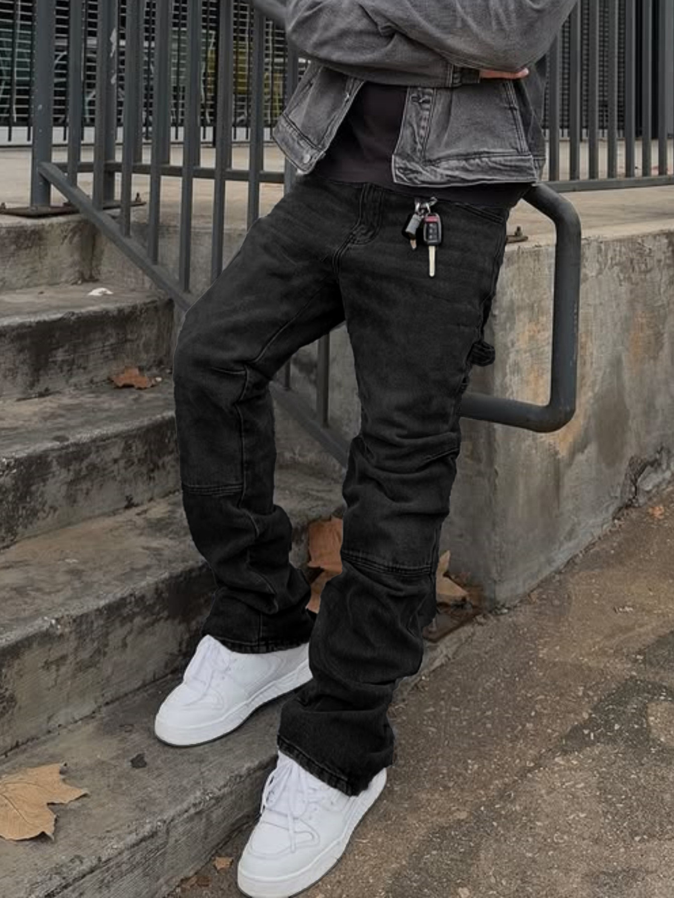 Men's Loose Fit Wide Leg Jeans Casual Ripped Hip Hop Style Stretch Flare Long Pants mid Waist Blue_mkmklike.com
