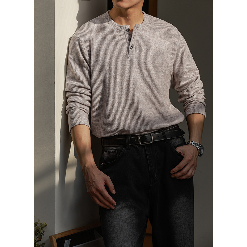 350g Heavyweight Casual Textured Old Money Style Henry Collar Large Size Long-Sleeved T-Shirt Men's T24522-Special P45 Control 78