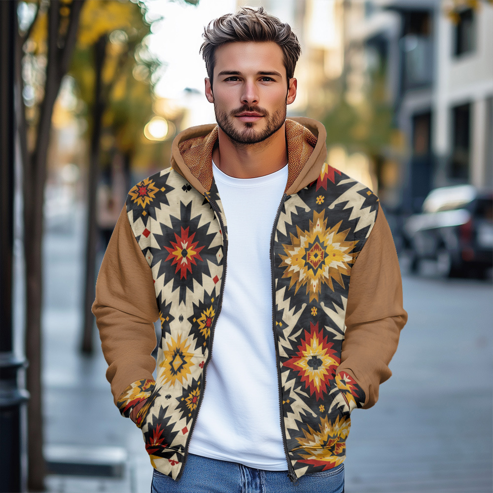 Giacca in cotone spesso con cappuccio e cerniera da uomo, stile europeo stampato, autunno/inverno 2024_voghion.com