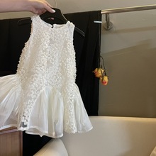 2024款夏季无袖公主裙美人鱼连衣裙儿童蕾丝气质女童白色时尚法式