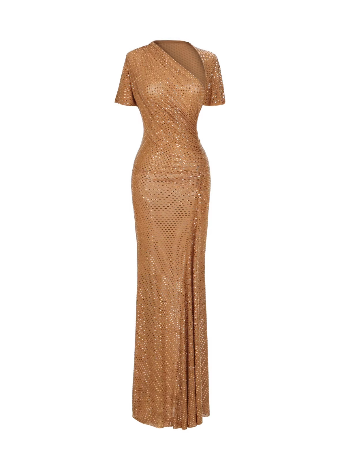 Vestido de sirena dorado de manga corta con escote asimétrico y adornos de pedrería