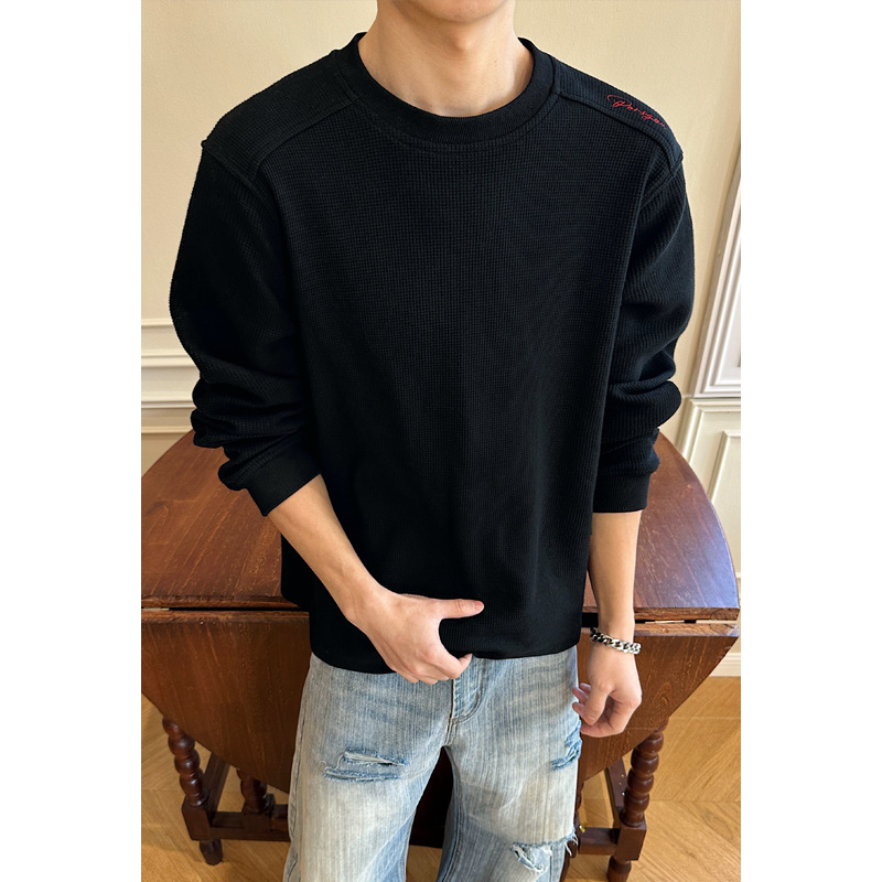 American-style Waffle Long-sleeve T-shirt For Men, Spring Honeycomb Red Label Embroidered Sweatshirt, Trendy Brand,_voghion.com