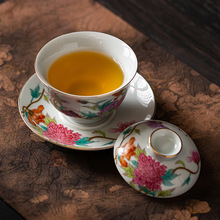 陶瓷粉彩三才盖碗茶杯带盖单个家用功夫茶具大茶盏手工描金泡茶碗