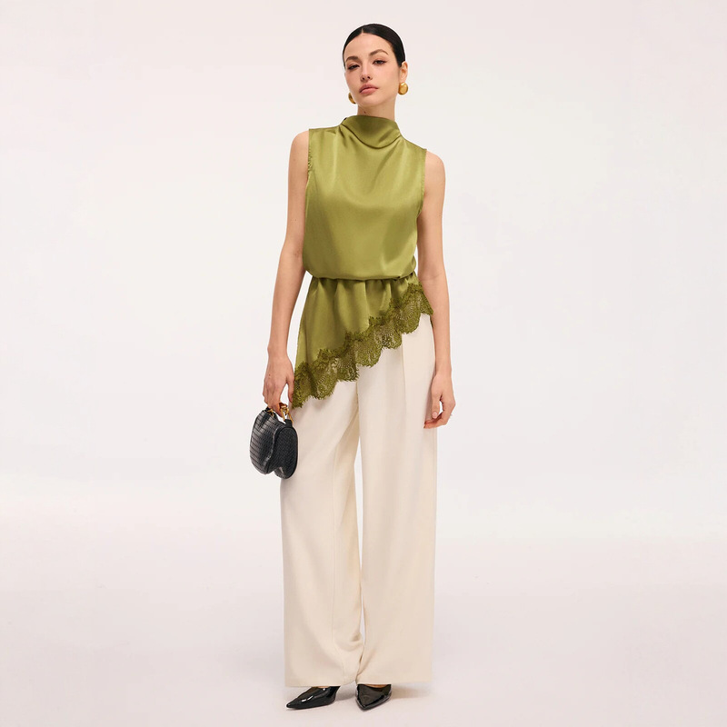 Cross-Border Olive Green Satin Sleeveless Top for Women with Stacked Collar and Lace Splicing Design, Slim Fit, Elegant and High-End for Summer