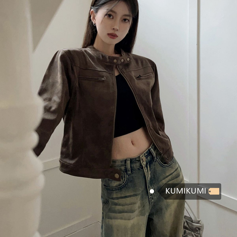 American Retro Distressed Brown Short Jacket 2025 Spring New Sexy Versatile Stand-Up Collar Pu Leather Jacket American Retro Distressed Brown Short Jacket 2025 Spring New Sexy Versatile Stand-Up Collar Pu Leather Jacket