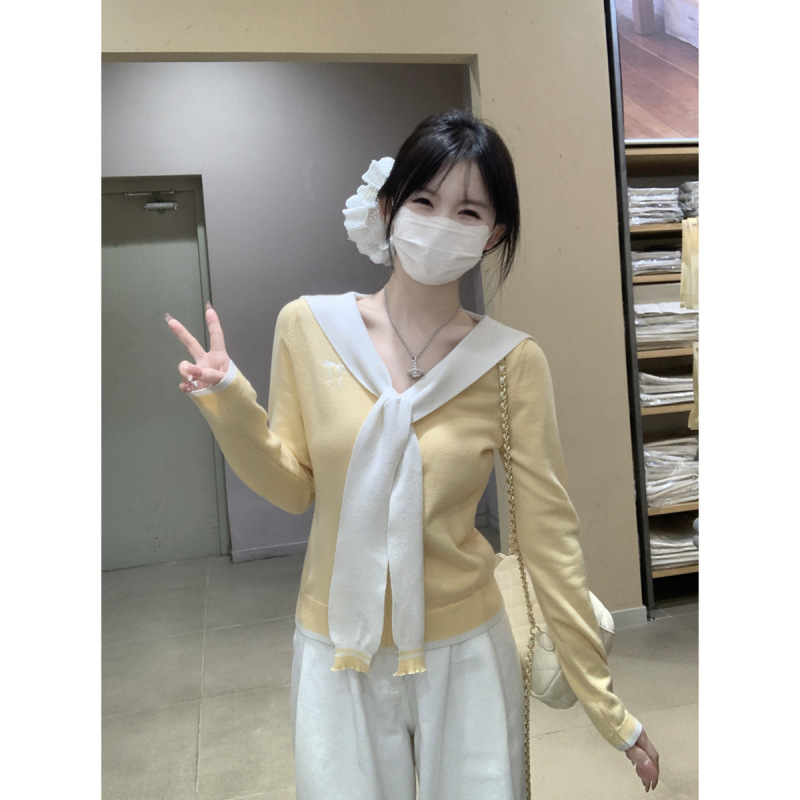 实拍 秋季韩版撞色假两件披肩V领刺绣长袖针织衫女上衣外搭88226|undefined