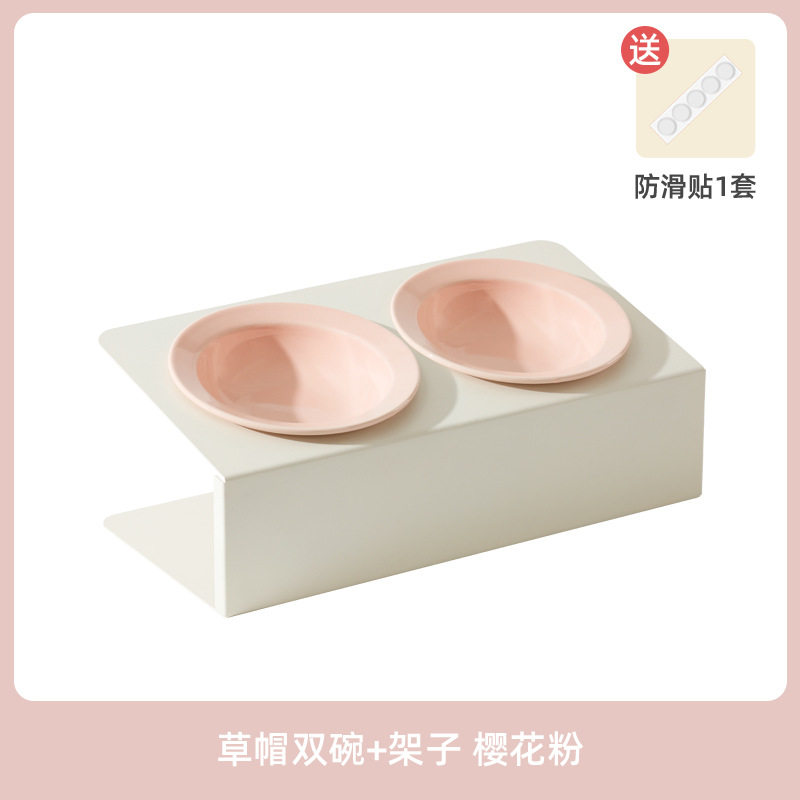 Cerámica oblicua doble tazón platillo volante sombrero de paja para mascotas gato tazón alto pie cervical soporte antidetonante comida para beber gato y perro tazón