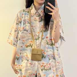 韩版小清新短袖衬衫女夏新款POLO领扎染涂鸦设计感小众休闲上衣潮