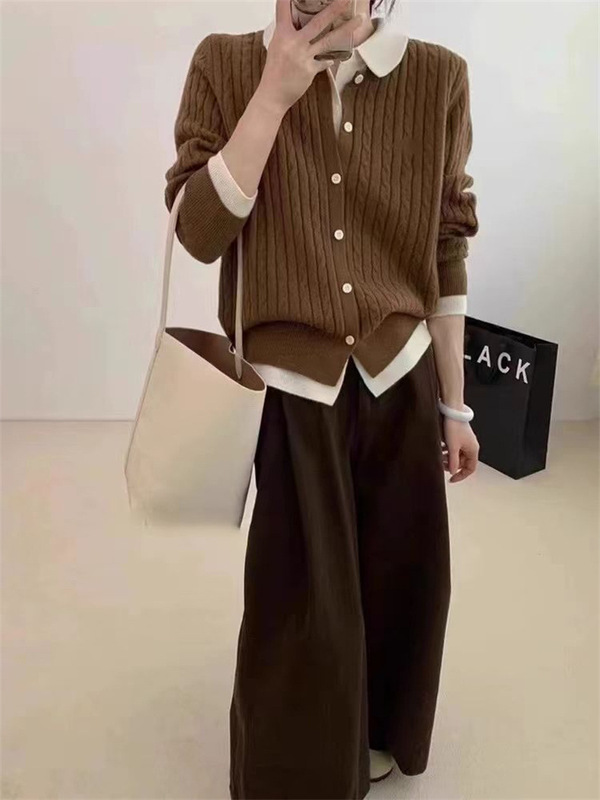 韩系polo领拼色假两件毛衣开衫女秋冬新款宽松慵懒风别致针织外套|undefined