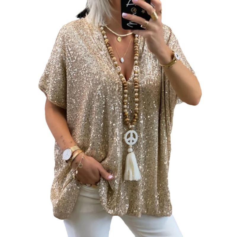 Maglietta da donna a maniche corte, casual, urbana, ampia, con paillettes e scollo a V, colore a contrasto._voghion.com