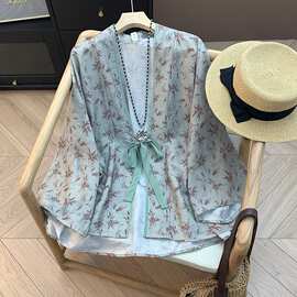杨MI同款新中式印花竹纹女款衬衫短外套女薄款上衣外披新款图片色