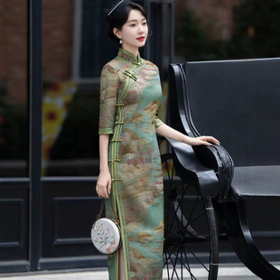 High-grade old Shanghai cheongsam 2024 autumn new seven-point sleeve improved new Chinese national style dress temperament long