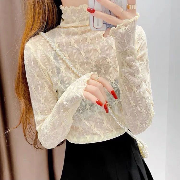 Lace Top Women's Autum See-Through Inner Shirt High-Bottom Foreign Style Rhombus High Collar Slim Mesh Bottoming Shirt Lace Top Women's Autum See-Through Inner Shirt High-Bottom Foreign Style Rhombus High Collar Slim Mesh Bottoming Shirt