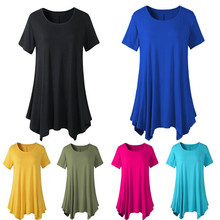 欧美跨境外贸eBay大码女装夏季中长款短袖T恤宽松圆领纯色打底衫